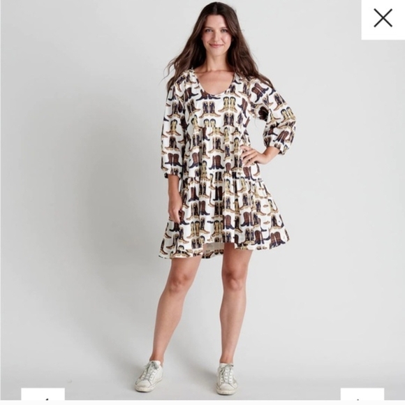 Pink Chicken Cream Mini Dress with Brown Boot Print - Picture 6 of 10